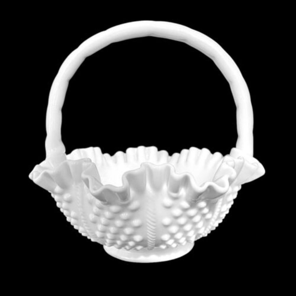 Vintage 1970s Fenton Hobnail and Rope Milk Glass Ruffled Edge Basket Bowl 3638